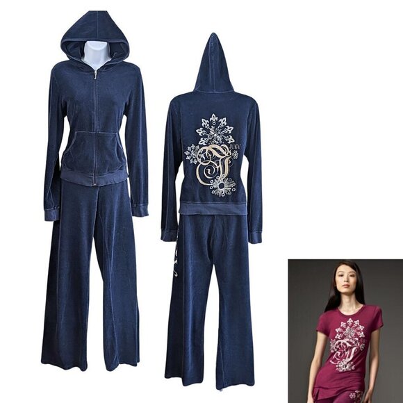 Vtg Y2K JUICY COUTURE Velour Winter Snowflake 2pc Tracksuit Set Size L/XL - Picture 3 of 9